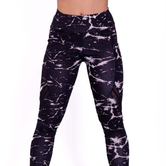 High-Waisted & Mash Panel Gym and Yoga Leggings with Side Pockets Marble Black - Picture 5 of 7